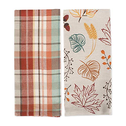 Fall Leaves Kitchen Dishtowel Set - Printed & Plaid Autumn Dish Towels, 2 Pack, 18x28
