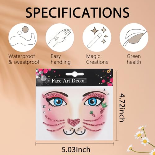 Bunny Face Stickers Halloween Face Tattoo with Rhinestones & Glitter - Variation 05 Bunny Face