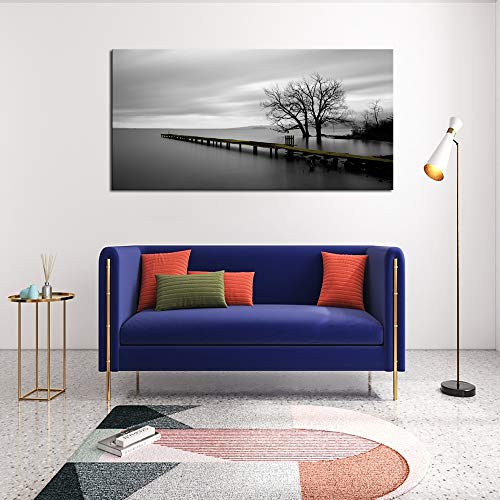 Lake Trees Canvas Wall Art - Modern Minimalist Black and White Landscape Print - 48"L x 24"W