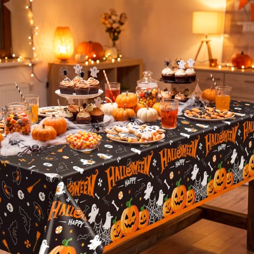 Halloween Plastic Tablecloths - Spooky Pumpkin Design, 3 Pack