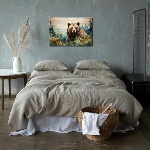 Wildlife Bear Watercolor Wall Art - Rustic Forest Canvas for Living Room & Nursery - 30x20 Inches