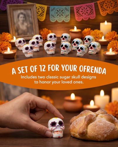 Day of the Dead Sugar Skull Mini Figures for Altars - 12 Pack