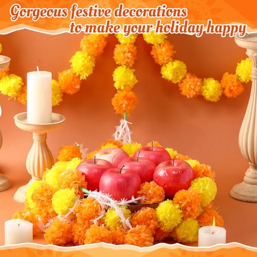 Artificial Marigold Garland for Diwali & Wedding Decor - Orange Yellow 3 Pack, 4.92 Feet Long