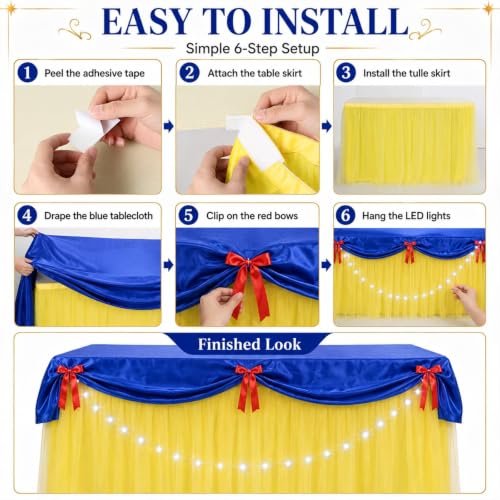 Princess Party Table Skirt & Bow Set - Yellow, Blue, Red for Birthdays & Events