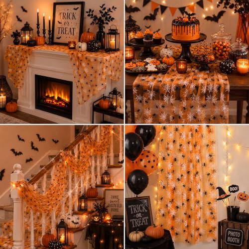 Halloween Orange Spider Web Table Runner Set - 4 Pcs 29x70 Inch Lace Decor - Spider Variation