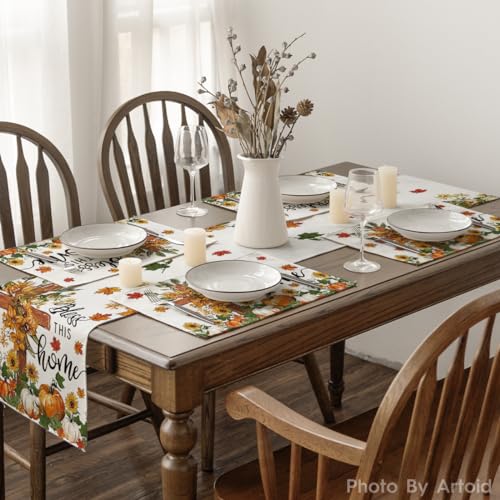Rectangular Fall Floral Placemats Set of 4 - 12 x 18 Inch Beige Table Decor