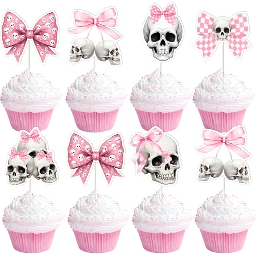 36pcs Gothic Birthday Cupcake Toppers - Pink Bow Skull Decorations for Halloween & Party