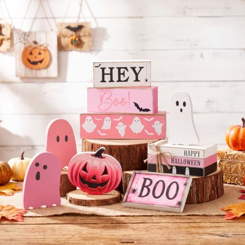 Pink Ghost Halloween Wooden Tiered Tray Decor Set - Spooky Season Centerpiece