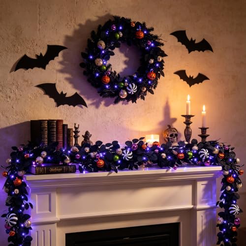 Black Spider Halloween Garland with Light - 6FT Indoor Outdoor Decor