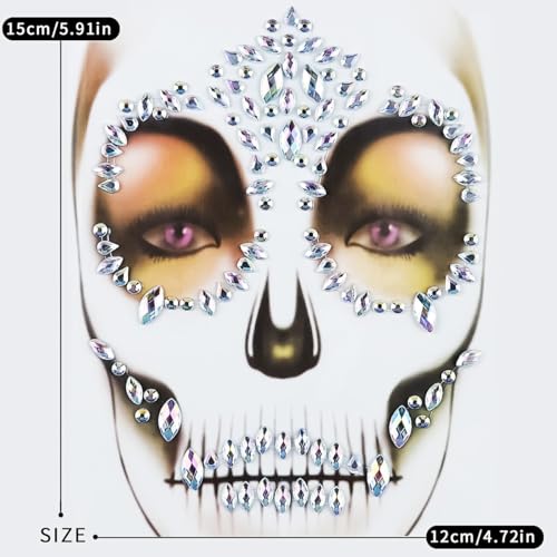 Day of the Dead Face Gems - Halloween Skull Rhinestone Stickers, One Size Fits All