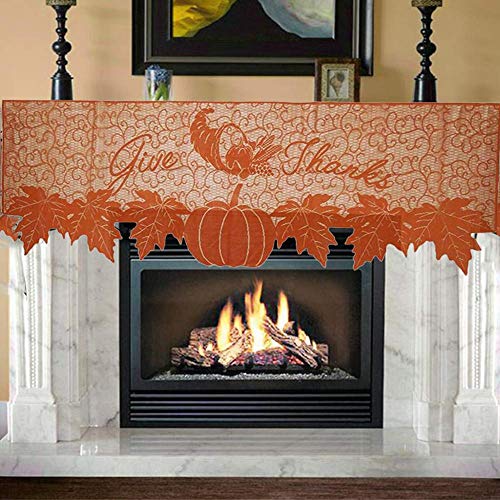 Thanksgiving Fireplace Scarf 20x60 Inch Pumpkin & Leaf Lace Table Runner - Fall Decor