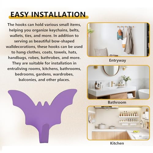 Bat Wall Hooks - 8-Pack Purple Adhesive Iron Hooks for Keys, Bags, Towels, Clothes
