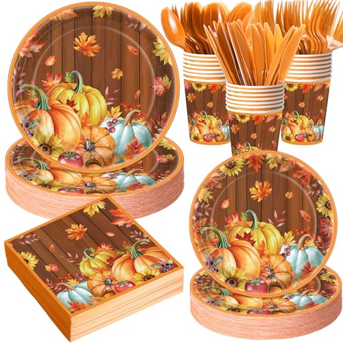 Pickmesh Autumn Pumpkin Disposable Party Plates Napkins Cups Set - 400 pcs