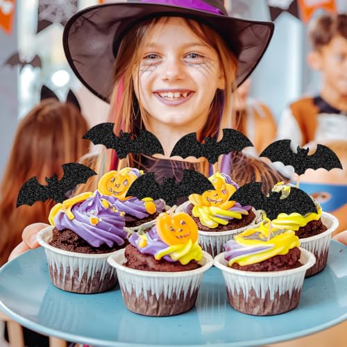 Halloween Cupcake Toppers Black Glitter Bat - 40Pcs Bat Themed Cake Decorations - Variation: Bat