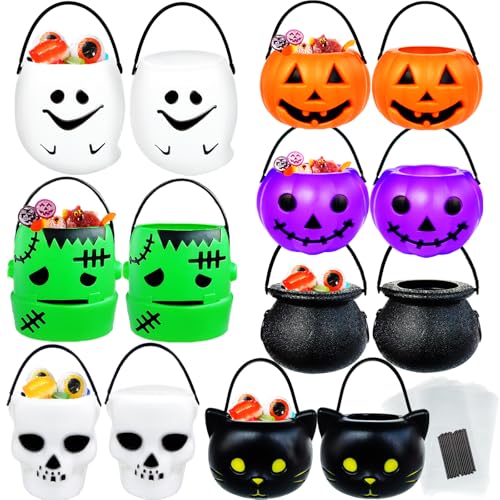 14 Pack Mini Halloween Candy Holders Ghost Pumpkin Cauldron Buckets with Candy Bags & Ties