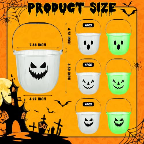 Glow In The Dark Halloween Candy Buckets - 12 Pack with Ghost, Pumpkin & Devil Designs