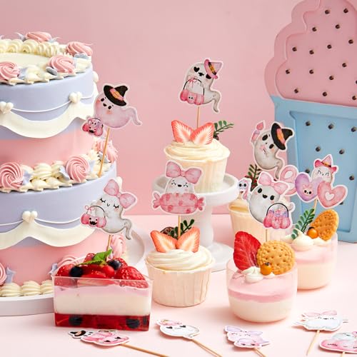 Pink Halloween Ghost Cupcake Toppers - 36 Pcs, Ready to Use, Party Decor