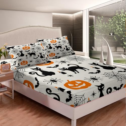 Feelyou Halloween Black Cat Bed Sheet Twin Size Pumpkin Ghost Cats Bedding Fitted Sheet - Halloween 31 No Flat Sheet