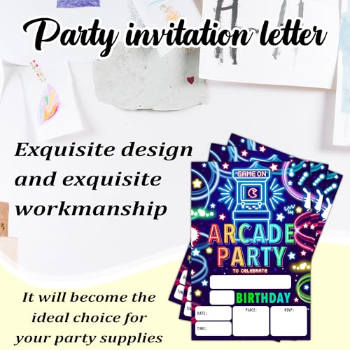 Colorful Neon Arcade Games Birthday Invitations Set - 20 Double Sided Fill-In Cards with Envelopes, Kids Party Favors