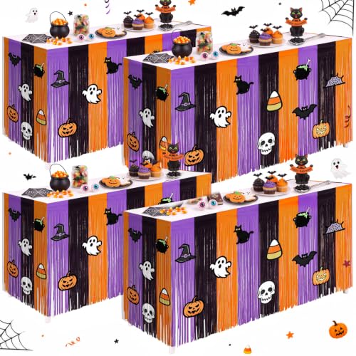 Halloween Foil Fringe Table Skirts Set - 4 Pack, Black, Orange & Purple, 108 Inch