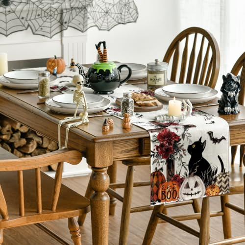 Halloween Jack-O'-Lantern Pumpkin Cross Black Cat Table Runner - 13 x 108 Inch Beige