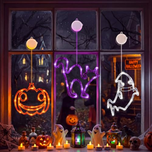 Minetom 3 Pack Halloween Window Lights - Pumpkin Ghost Cat with Timer - Battery Operated Decorations