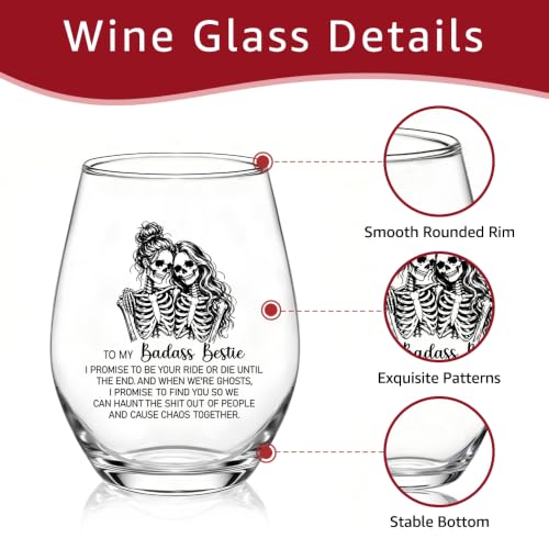 Funny Halloween Skeleton Stemless Wine Glass 15 oz - Bestie Gift, Clear Variation