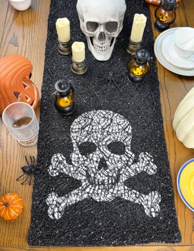 Halloween Skull Table Runner 14x72 Inch Sequin Skeleton Decor for Dining Table