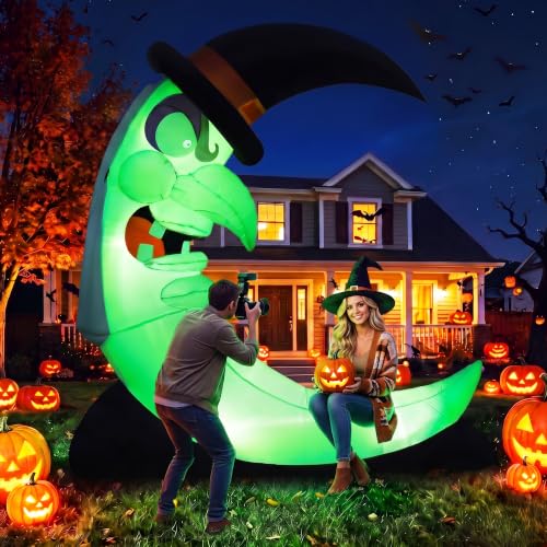 Green 8.9FT Halloween Inflatable Witch Moon Yard Decor with LED Lights & Accessories