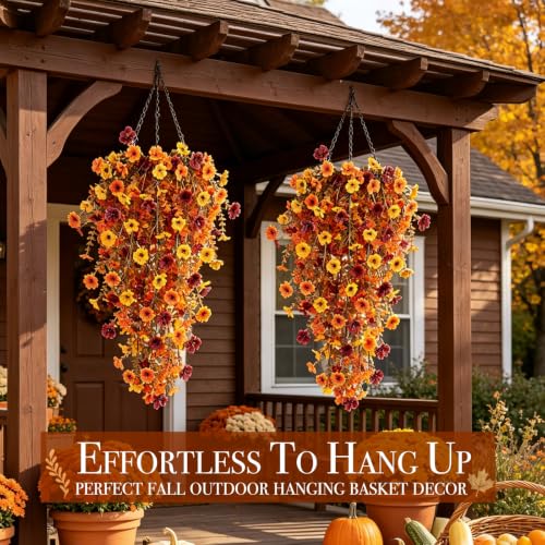 Artificial Fall Flowers for Outdoors - 4pcs Autumn Decor in Orange Yellow Brown