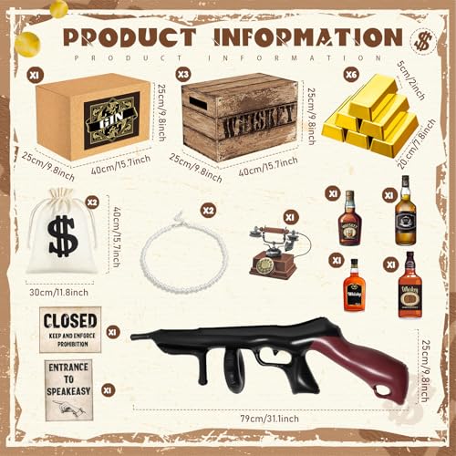 Roaring 20s Party Decorations Set with Canvas Money Bags and Inflatable Gun