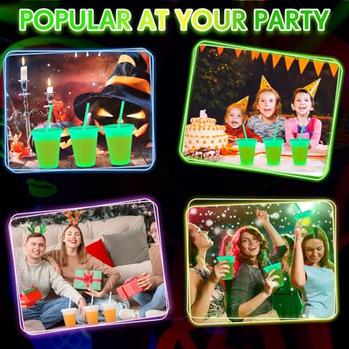 15 Pack 16 oz Glow in the Dark Halloween Cups with Lids & Straws - Fluorescent Green