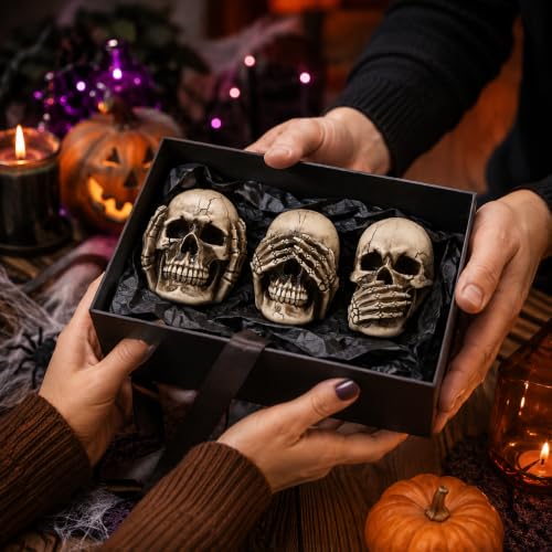 3-Piece Gothic Skull Statues Set - Hear See Speak No Evil Figurines