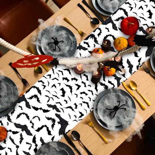 Halloween Bat Printed Plastic Table Runner - 14 x 108 Inches, Pack of 6 - Black & White, Bat Variation