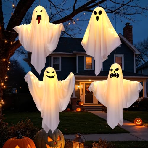 FIALAME Halloween Ghost Decorations Outdoor Indoor 4 Pack Warm Light-Up with DIY Arms