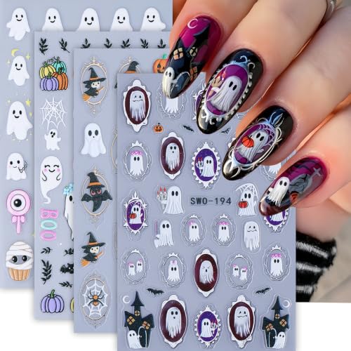 Mirror Ghost Halloween Nail Stickers 4 Sheets 3D Self-Adhesive Nail Art Decals