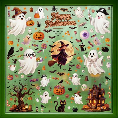 Halloween Window Clings Decor - Ghost Pumpkin Bat Skull Spider Web Decals Set
