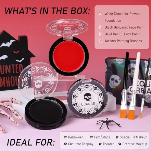 Face & Body Paint Kit with Brushes - White Black Red for Halloween Cosplay SFX Makeup - Variation: Black+White+Red