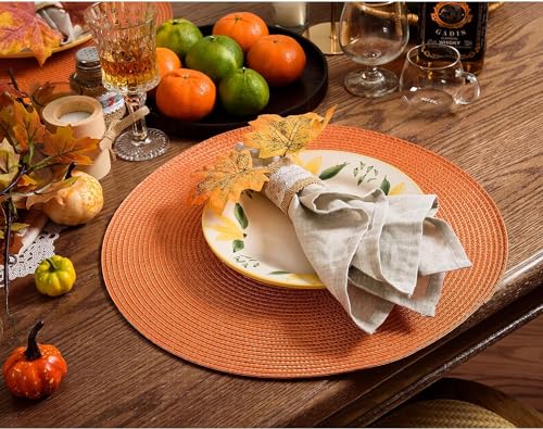 Round Placemat Set of 8 - Heat Resistant Washable Woven Braided Table Mats for Dining & Home Decor (Orange)