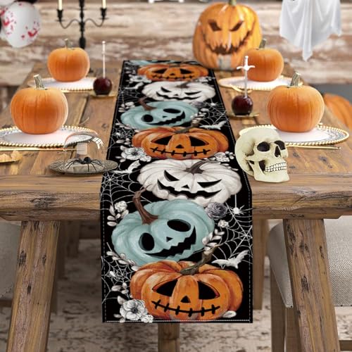 Halloween Spooky Pumpkin Table Runner 13x108 Inch - Modern Design