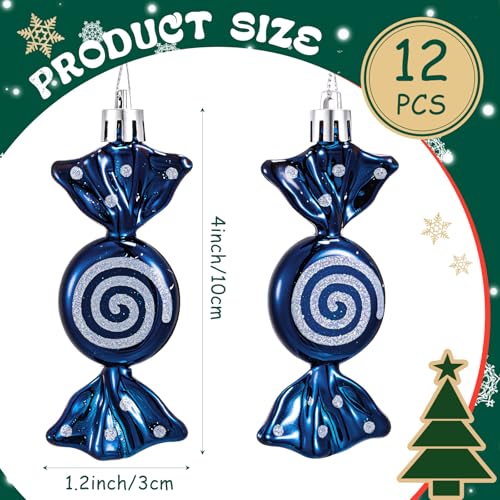 Dark Blue Glitter Candy Cane Christmas Ornaments Set - 12 Pcs Holiday Decor