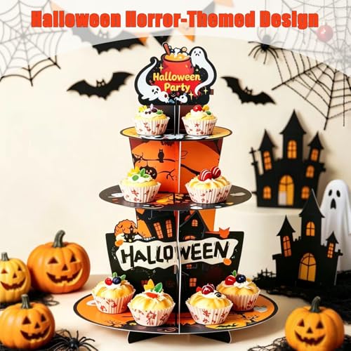 Halloween 3-Tier Paper Cupcake Stand - Multicolor Spooky Dessert Display Rack, 17 Inch