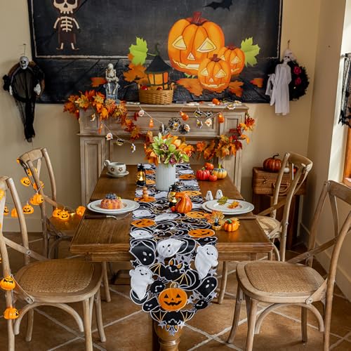 Halloween Spooky Table Runner 14x59 Inch with Embroidered Pumpkins & Bats - Gothic Decor