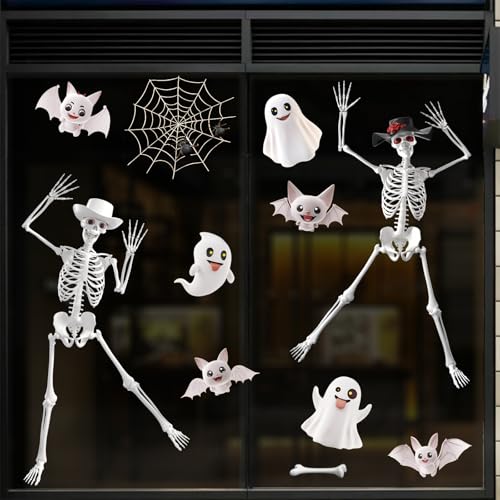Giant Skeleton Halloween Window Clings - Spooky Ghosts Bats & Bones - Reusable Decorations for Glass Doors & Windows