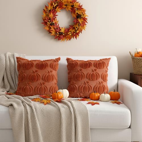 Rust Fall Pumpkin Throw Pillow Covers 18x18 Inch Set of 2 - Autumn Home Decor