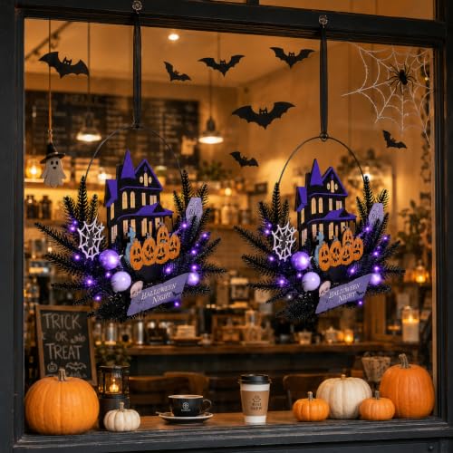 Purple Pumpkin Halloween Wreath with Lights - 15.7 Inch Timer Decor