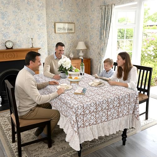 Ridhi Oak Brown Ruffle Hand Block Print Cotton Tablecloth 60x120 Inches - Rectangular