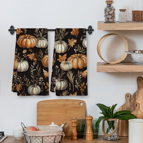 Fall Pumpkin Kitchen Towels Set with Black Pumpkin Design - 2 Pack 16x24 Inch