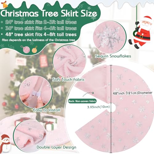 Pink Christmas Tree Skirt 48 Inch Silver Sequin Snowflakes Faux Fur