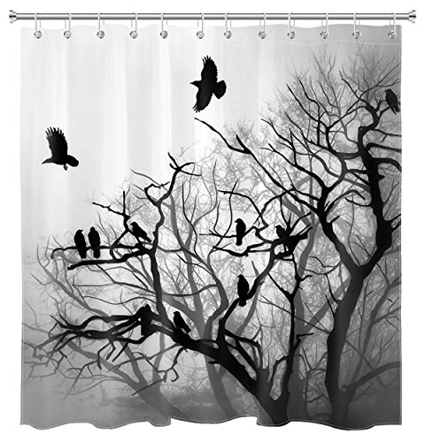 Misty Forest Shower Curtain Set 72x78 Inch Waterproof Polyester Bathroom Decor with Hooks - Black Grey Foggy Woods Birds on Tree Raven Halloween